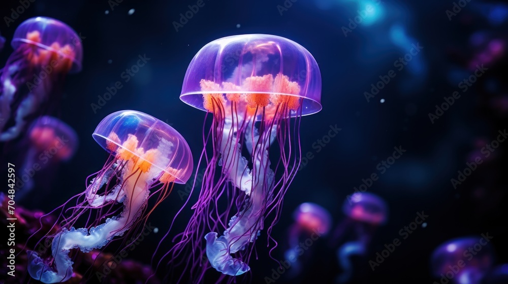 Jellyfish swimming in the water. Colorful jellyfish.