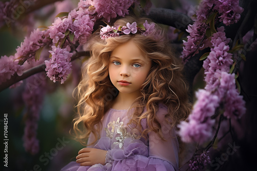 A little cute girl stands next to the flowering branches in the spring.