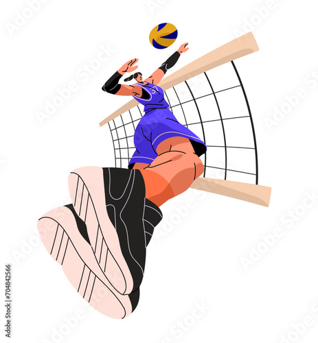 Professional volleyball player attacks over net. Athlete jumps, swings to hit ball. Sportswoman in uniform plays team sport game. Dynamic motion. Flat isolated vector illustration on white background