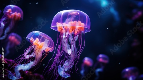 Jellyfish swimming in the water. Colorful jellyfish. © lublubachka