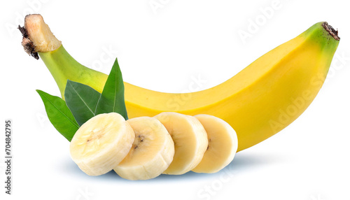 Whole banana and slices cut with leaves isolated on white background