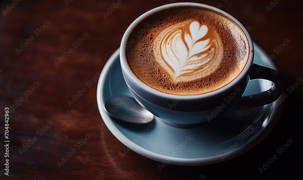 Obraz premium Cup of freshly made cappuccino coffee on wooden table.