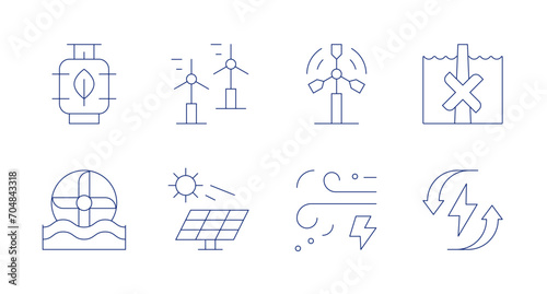 Renewable energy icons. Editable stroke. Containing biogas, windmill, water mill, solar panel, eolic energy, water energy, wind energy, renewable energy.
