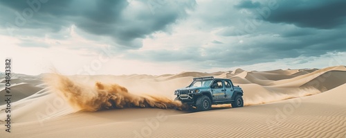 Obraz na płótnie Blue terrain car riding fast across the hot arid desert.