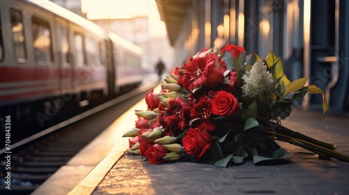 Close up of a discarded bouquet of roses at train station.