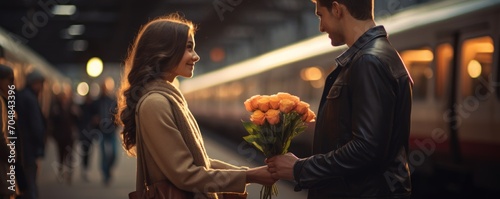 Canvas Print Young man giving bouquet of roses to his girlfriend at train station