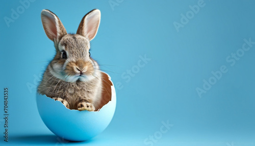 little easter bunny in egg shell isolated on blue background.