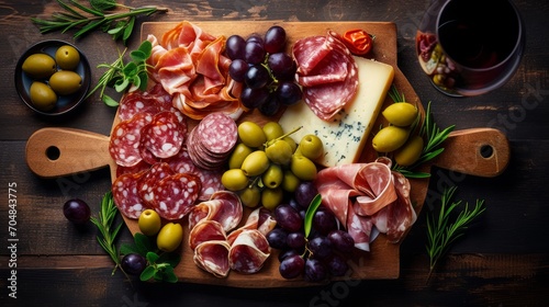 A charcuterie board with an assortment of meats, olives, and wine.
