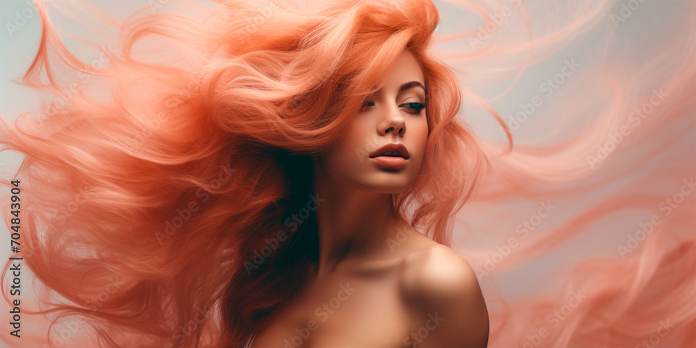 Women face.A peach colored fabric peach fuzz color, watercolor illustration, horizontal copy space on pastel pink background. Women face.A peach colored fabric peach fuzz color, watercolor illustration, horizontal copy space on pastel pink background.