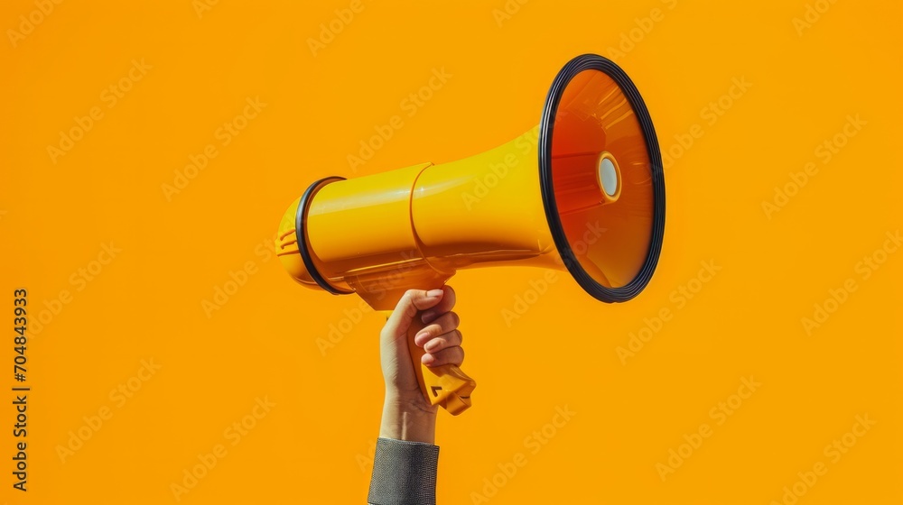 A hand holding a yellow megaphone against an orange background. - obrazy, fototapety, plakaty 