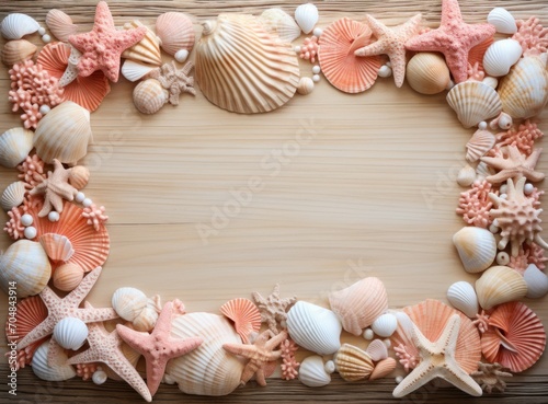 Frame of seashells and starfish on wooden background with copy space