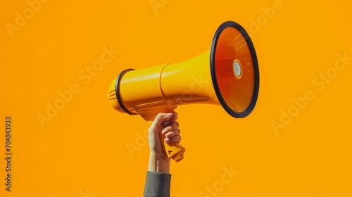 A hand holding a yellow megaphone against an orange background.