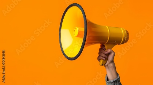 A hand holding a yellow megaphone against an orange background.