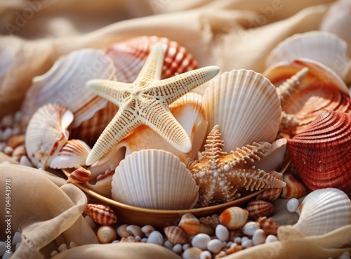 Seashells and starfish on the sand. Sea background