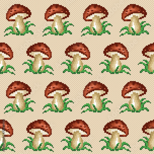 A pixel seamless background with forest mushroom.