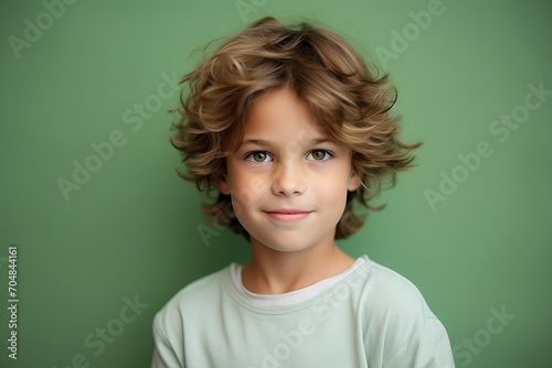 Portrait of a little boy with curly hair on a green background