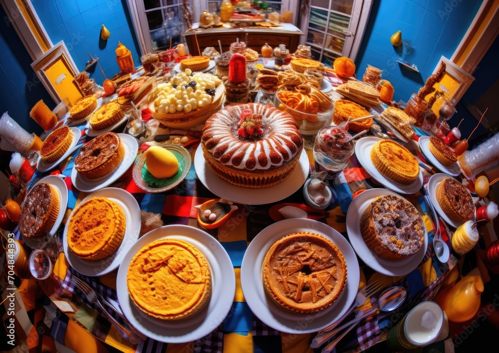 A fish-eye shot of a table laden with Thanksgiving desserts, capturing the array of pies, cakes,