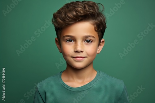smiling little boy in green t-shirt over dark green background