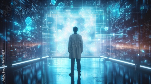 A figure standing in front of a futuristic, holographic interface.