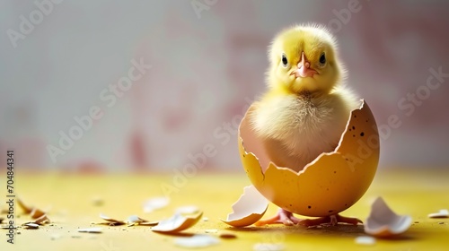Cute little chicken coming out of an Easter egg. little chicken and broken egg photo