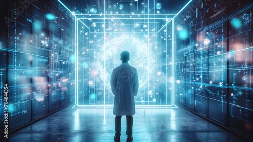 A figure standing in front of a futuristic, holographic interface.