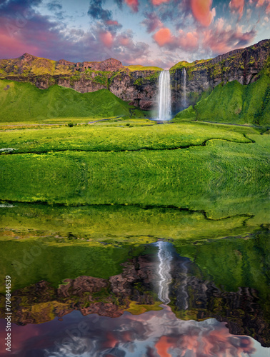 Seljalandsfoss waterfall reflected in the calm waters of small lake among green meadow. Stunning sunrise in Iceland, Europe. Beauty of nature concept background.