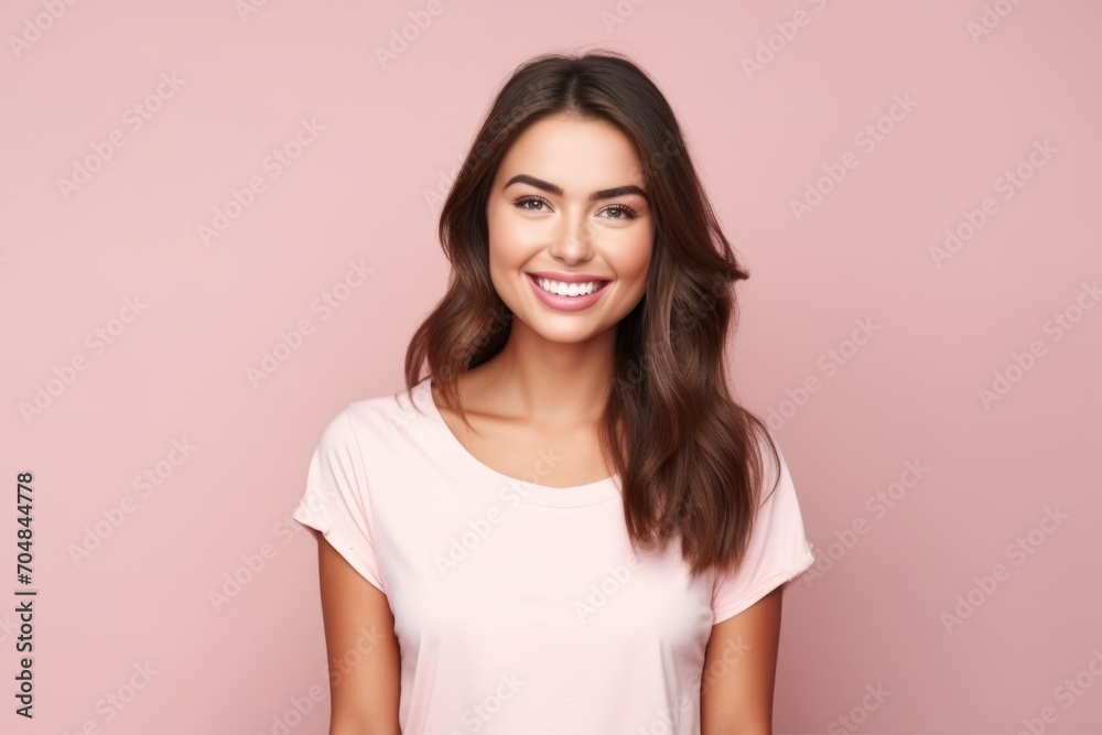 portrait of young happy smiling beautiful woman in casual clothes, over pink background portrait of young happy smiling beautiful woman in casual clothes, over pink background