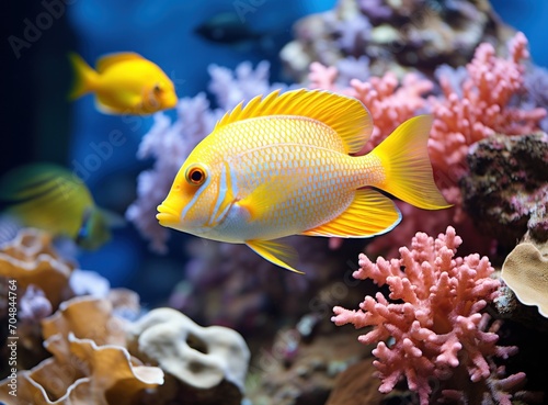 Tropical fish in the aquarium. Beautiful underwater world with corals and tropical fish.