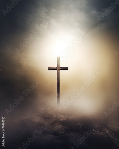 The Empty Cross, hazy, worship background art, Christianity, copy space - generative ai