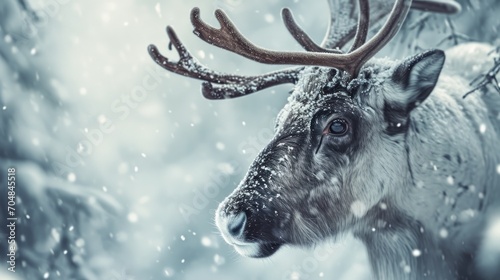  a close up of a deer with antlers on it's head in a snowy forest with snow falling on the ground. photo