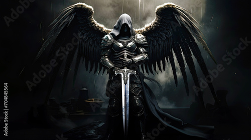 Eternal warrior with angel wings holding legendary sword. Postproducted generative AI illustration.