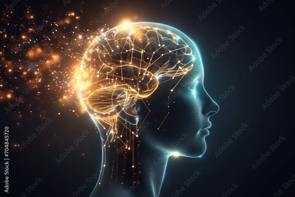 A profile of a human head with a brain illuminated by neural networks and data streams. A profile of a human head with a brain illuminated by neural networks and data streams.