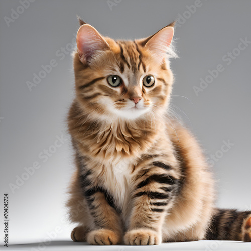 Cute tabby kitten sitting on light background,