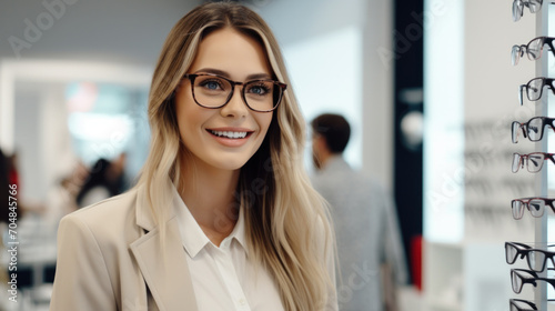 Young Woman with Eyeglasses in Optical Store - Beautiful girl wearing glasses in optician shop photo
