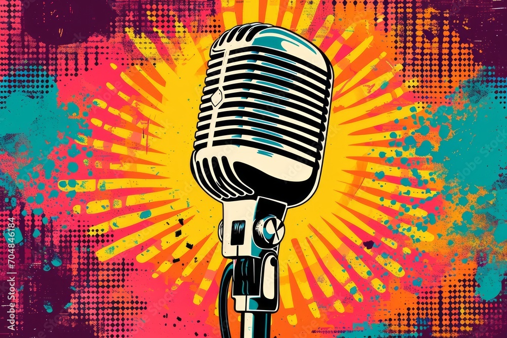 A colorful illustration of a vintage microphone against a pop art background. - obrazy, fototapety, plakaty 