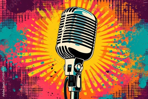 A colorful illustration of a vintage microphone against a pop art background. photo