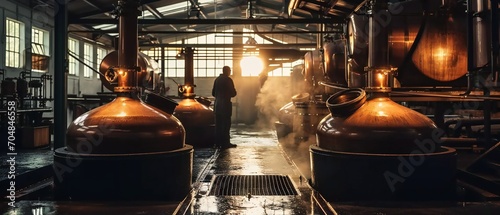 Industrial equipment for brandy production. Copper still machine to produce spirits. photo