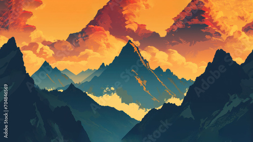 a painting of a mountain range with a sunset in the background and clouds in the sky over the top of the mountains.