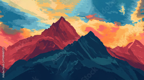  a painting of a mountain with a red and blue sky in the background and a red and blue sky in the foreground.