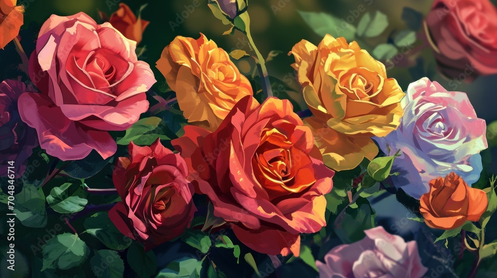  a painting of a bunch of roses in a bouquet with green leaves and red, yellow, pink, and purple flowers.