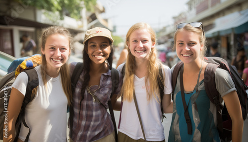 バックパックを背負って旅行する若い女性4人組 photo