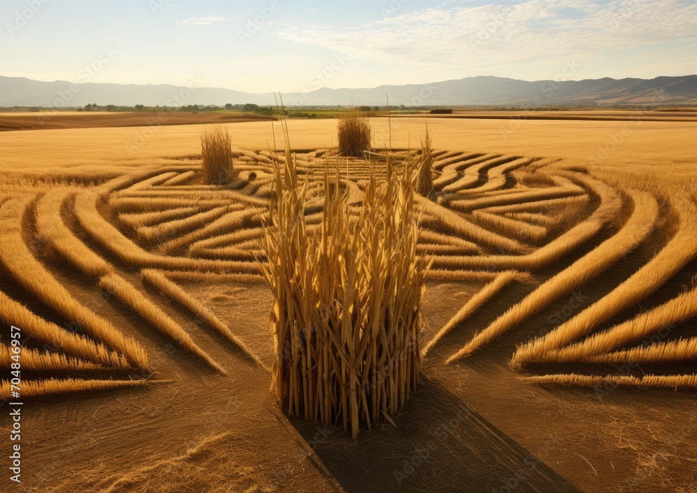 A land art installation where cornstalks are arranged in a geometric pattern, creating a visually