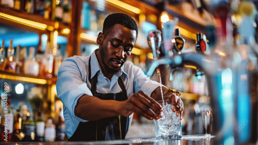 Focused bartender pouring a clear drink from a shaker into a glass filled with ice, with a blurred background featuring a bar environment.