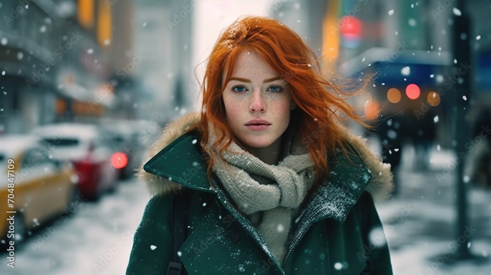 A woman walks through the snowy streets of a big city