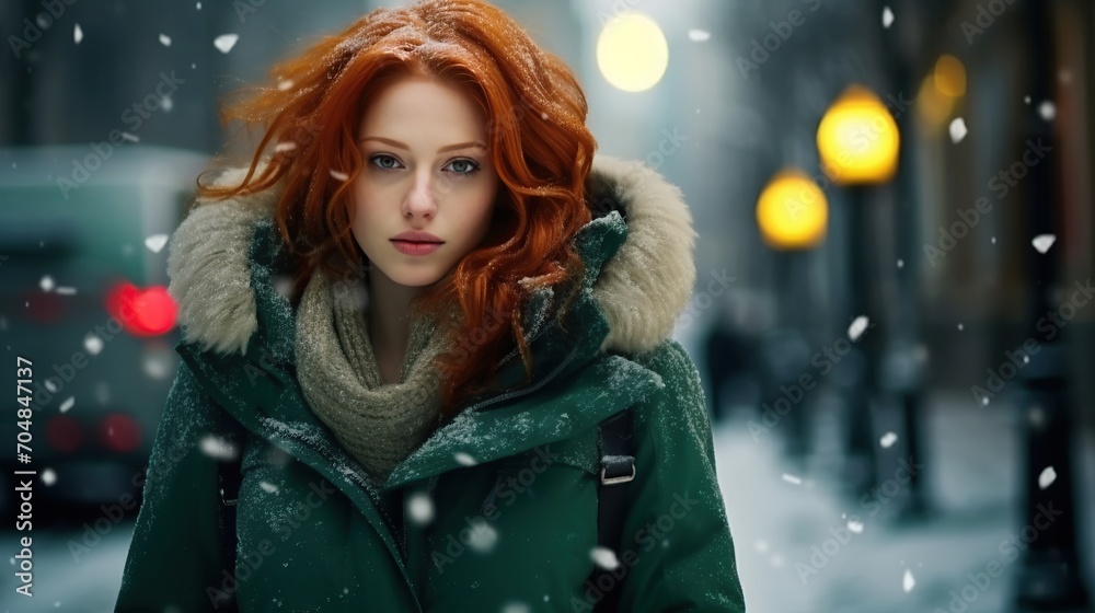 A woman walks through the snowy streets of a big city A woman walks through the snowy streets of a big city