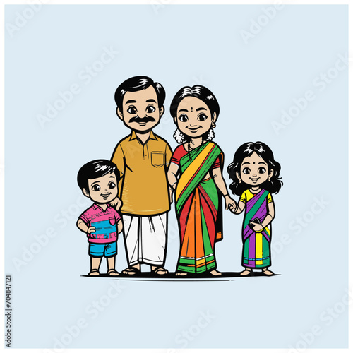 South Indian Family, Father mother and Kids Vector Art Illustration