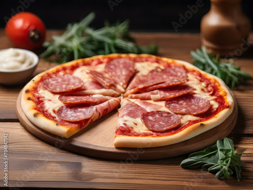 pizza with mushrooms and tomatoes ,pizza with salami and tomatoes , pizza with salami , pizza on wooden board , pizza in a oven , pizza on a fire