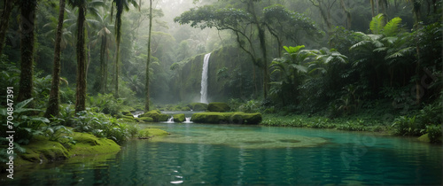 A waterfall in a natural scene in the middle of a green forest with a lake  relax concept