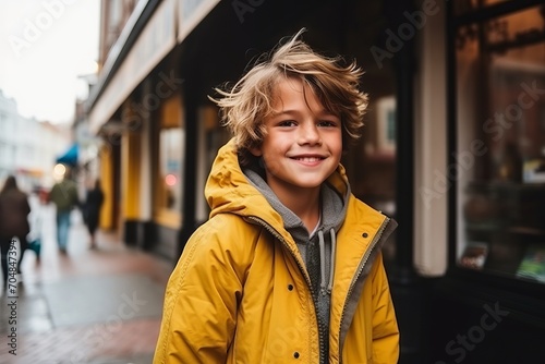 Portrait of a smiling boy in a yellow coat on the street © Inigo