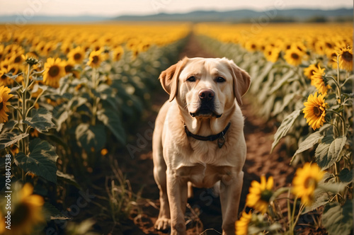 A Labrador retriever in the middle of a field of sunflowers looking at the camera.